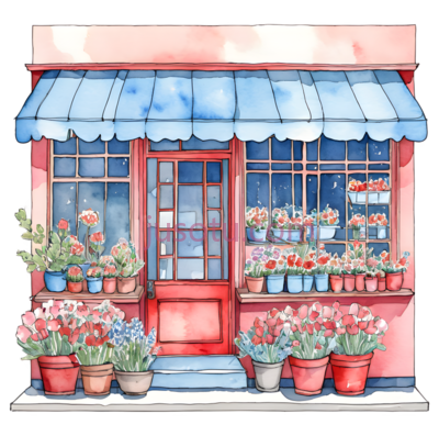 花店,水彩画,蓝色,粉色, PNG