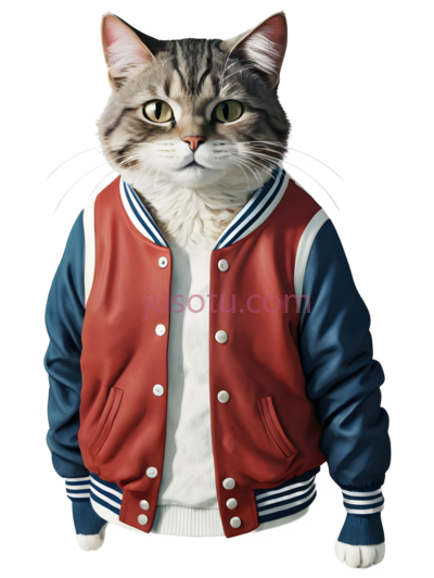 猫,穿着红色,蓝色的棒球夹克,白色, PNG