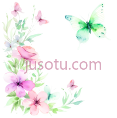 花朵,蝴蝶,水彩画,粉色,紫色,绿色PNG