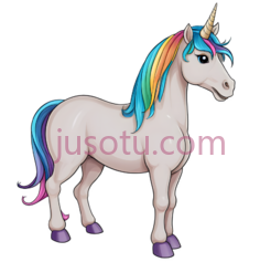 独角兽,卡通,白色身体, 多彩鬃毛,尾巴PNG