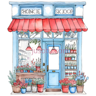 花店,卡通,红色,蓝色,白色, PNG