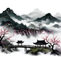 水墨,雨雾,雾,云,梅花,高山,瀑布,房屋PNG