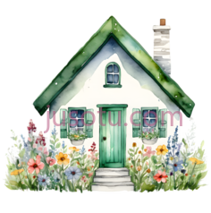 小屋,水彩画,绿色屋顶, 白色墙壁PNG