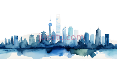 城市天际线,水墨画,高远线,海景, PNG
