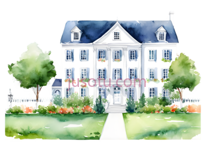 房屋,水彩画,白色,蓝色,绿色, PNG