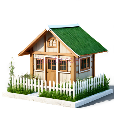 木屋,乡村,绿色屋顶, 白色围栏, PNG