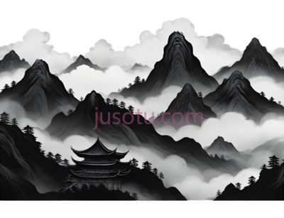 山,云,寺庙,水墨画,黑白, PNG
