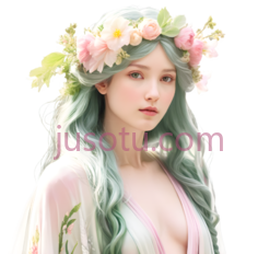 女孩,动漫,绿色长发, 粉色连衣裙PNG