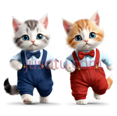 小猫,穿着蓝色背带裤,白色衬衫,穿着红色背带裤,橙色PNG