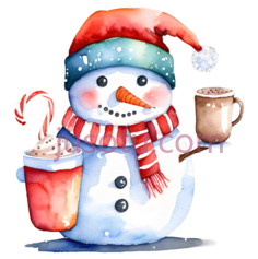 雪人,圣诞帽,巧克力杯,水彩画PNG