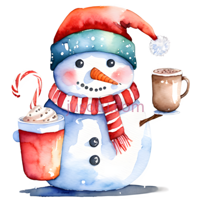 雪人,圣诞帽,巧克力杯,水彩画, PNG
