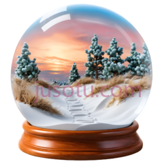 雪球,自然风景画,棕色底座,白色雪地,绿色树木PNG