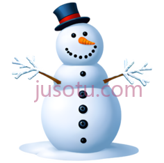 雪人,卡通,白色身体, 黑色纽扣, 橙色胡萝卜鼻子, 红色领结, 蓝色礼帽PNG