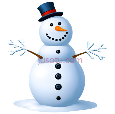 雪人,卡通,白色身体, 黑色纽扣, 橙色胡萝卜鼻子, 红色领结, 蓝色礼帽, PNG