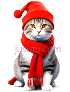 猫,戴圣诞帽,围巾,灰色,白色,红色PNG