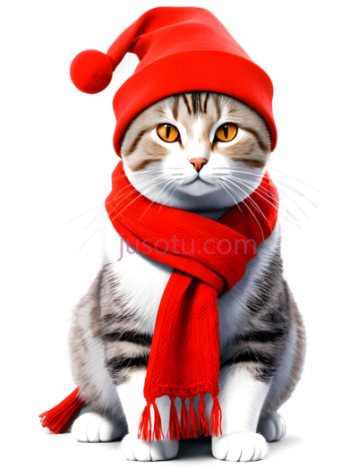 猫,戴圣诞帽,围巾,灰色,白色,红色, PNG