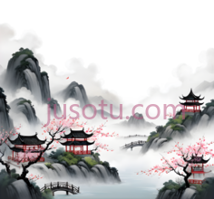 水墨,烟雨,雾气,云彩,梅花,高山,瀑布,房屋PNG