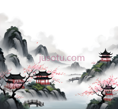 水墨,烟雨,雾气,云彩,梅花,高山,瀑布,房屋, PNG