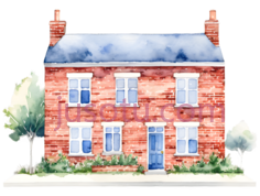 房子,水彩画,棕色,蓝色,绿色PNG