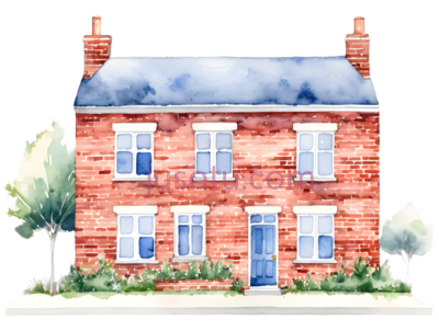 房子,水彩画,棕色,蓝色,绿色, PNG