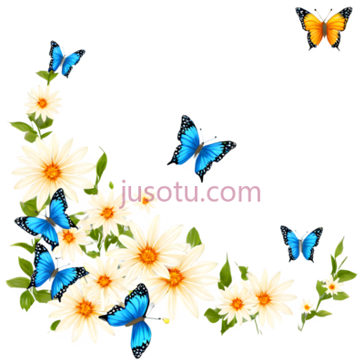 蝴蝶,花朵,卡通,蓝色,黄色,白色, PNG