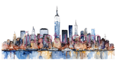 城市天际线,水彩画,蓝色,白色,橙色PNG