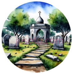 墓园,水彩画,绿色,蓝色,灰色PNG