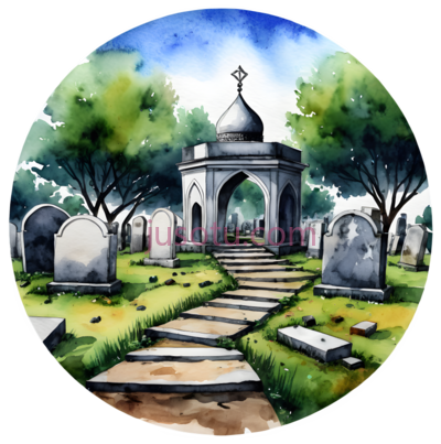 墓园,水彩画,绿色,蓝色,灰色, PNG