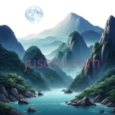 山水风景,插画,蓝色,绿色,白色PNG