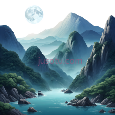 山水风景,插画,蓝色,绿色,白色, PNG