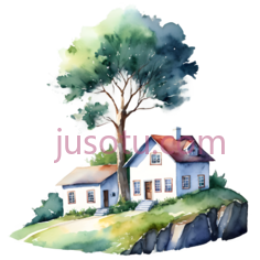 房子,水彩画,绿色,蓝色,白色PNG