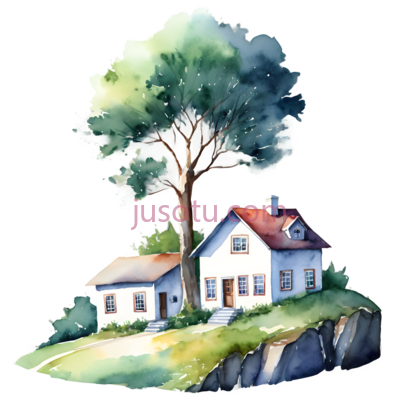 房子,水彩画,绿色,蓝色,白色, PNG