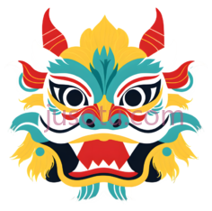 舞狮头,中国,红色,黄色,蓝色,绿色,白色PNG