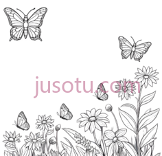 蝴蝶,花朵,线条画,白色PNG