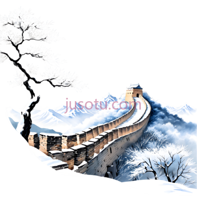 春雪,山水画,长城,雪山, PNG