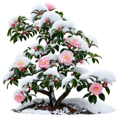 茶花树,盆景,粉色花朵,绿色叶子, PNG
