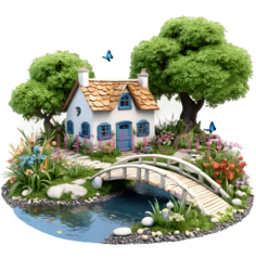 房屋,花园,植物,树木,蝴蝶,蜜蜂,鸟,池塘,桥,鹅卵石PNG