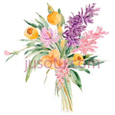 花束,水彩画,黄色,紫色PNG
