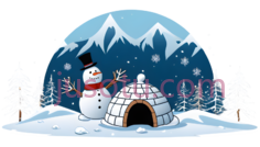 雪人, 冰屋,卡通,白色, 蓝色, 黑色PNG