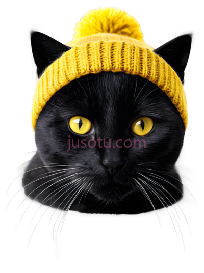 猫,戴黄色毛线帽,黑色, PNG