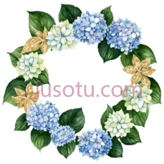绣球花环,水彩画,蓝色,白色,黄色PNG