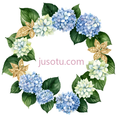 绣球花环,水彩画,蓝色,白色,黄色, PNG