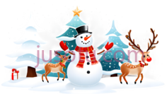 雪人,驯鹿,圣诞树,卡通,插画,绿色PNG