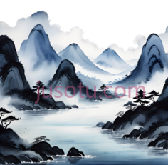 山水画,水墨画,蓝色,白色PNG