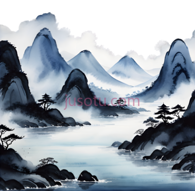 山水画,水墨画,蓝色,白色, PNG