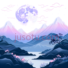 月亮, 山脉, 河流, 树木,插画,蓝色, 紫色, 白色PNG