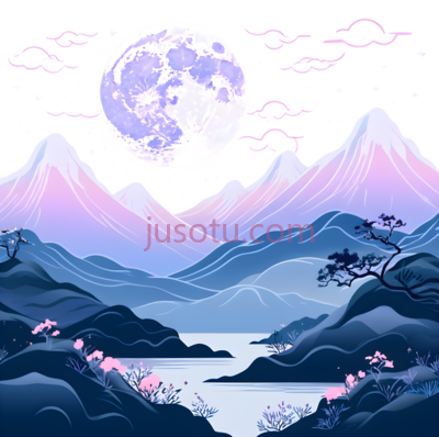 月亮, 山脉, 河流, 树木,插画,蓝色, 紫色, 白色, PNG