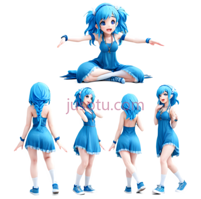 动漫女孩,3D建模,蓝色, PNG