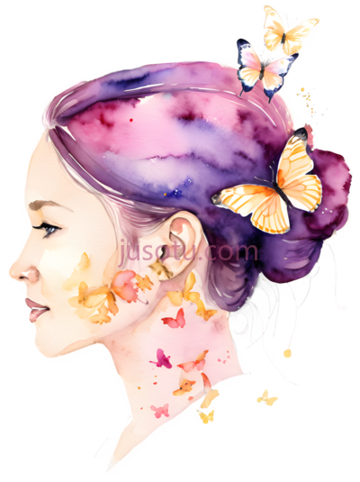 女性侧脸,水彩画,紫色,黄色,粉色, PNG