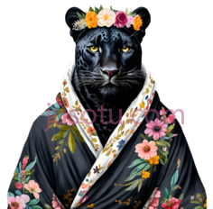 黑豹,穿着带有花卉图案的,服,黑色毛发,黄色眼睛,头戴彩色花环PNG